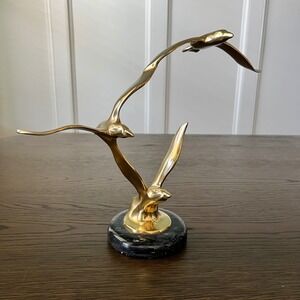 Vintage San Pacific Brass Seagulls Sculpture Marble Base Coastal MCM Decor